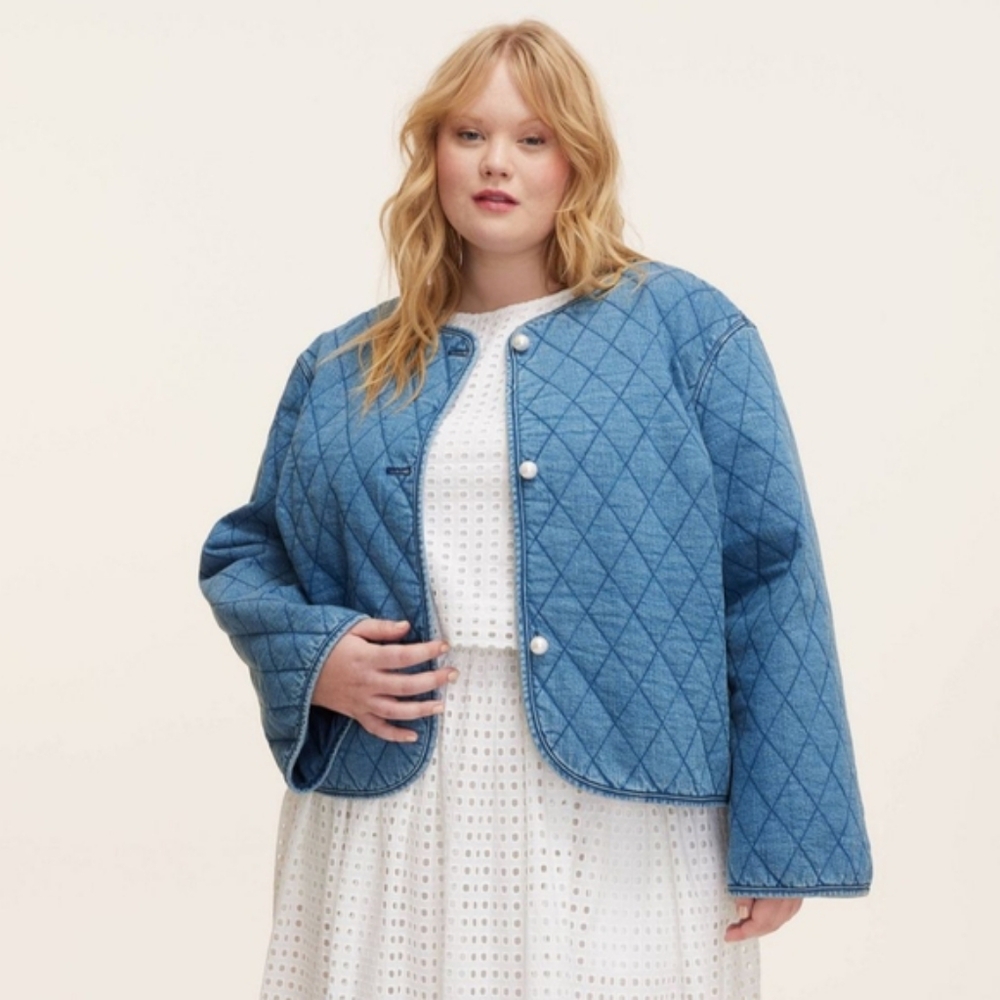 Blue Quilted Jacket with Pearl Buttons